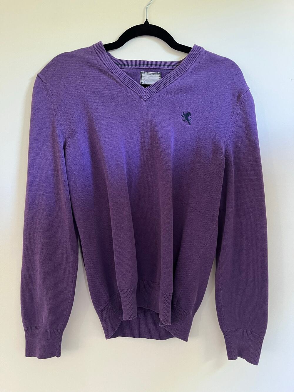 Express Men's Purple V-Neck Cotton Sweater Long Sleeve Lion Logo Pullover Sz S